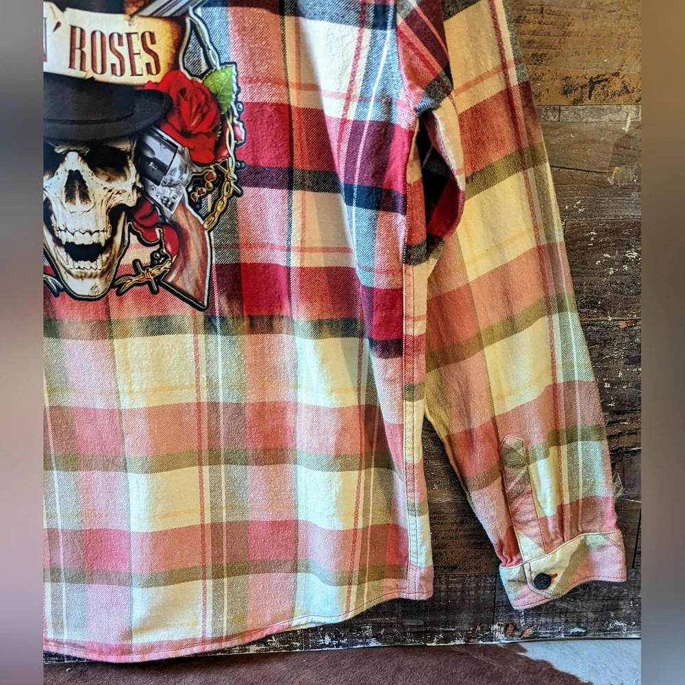 Upcycled Handcrafted Dip Dyed Bleached Flannel Shirt With Guns N Roses - Picture 5 of 13